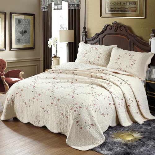 vctops 3-Piece Floral Embroidered Bedspread Coverlet Set 100% Cotton Reversible Patchwork 1 Quilt and 2 Pillow Shams Full/Queen, Flower vctops