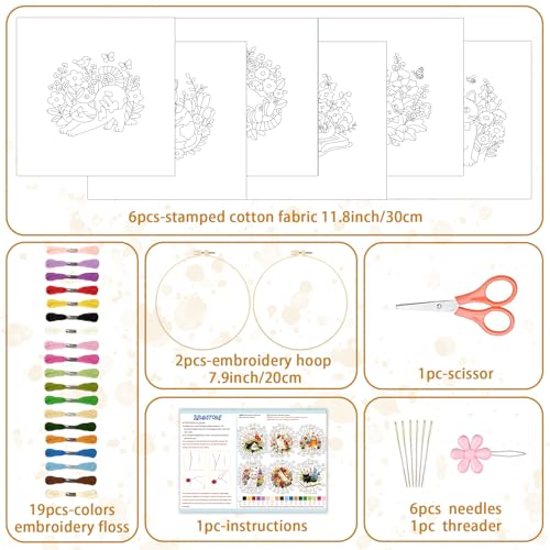 BEUNITONE 6 Set Varieties Cat and Flowers Embroidery Kit for Adults Beginners, Pre-Stamped Pattern Needlepoint Kits with Hoop, Tools, Instruction, Hand Embroidery Kits for Gifts, Fabric and Home Decor