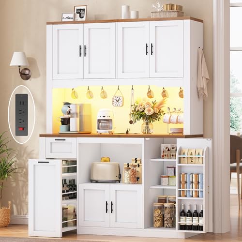 Itaar 71" Pantry Cabinet with Charging Station and LED Light, Kitchen Pantry Cabinet with Microwave Stand, 47.2" Wide Kitchen Storage Cabinets with Storage Cart 3 Tier for Dining Room, White Itaar