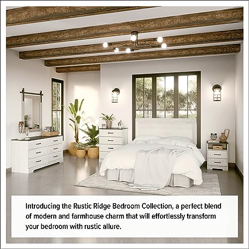 Prepac Rustic Ridge Farmhouse Nightstand with 2 Drawers and an Open Cubby, Wooden Bedside Table for Bedroom, Office, or Living Room, 16.25in x 18.75in x 24.5in, Washed White Prepac