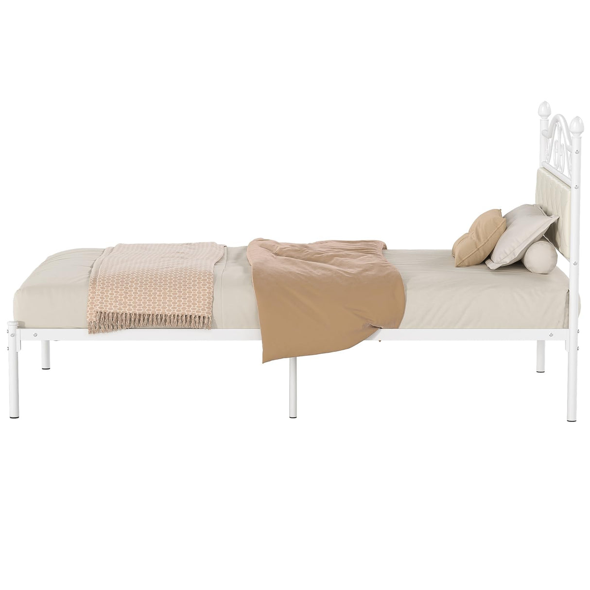 Elephance Twin Bed Frame with Upholstered Headboard Metal Platform Bed with 11.2 Inchs Storage Space Button Tufted No Box Spring Needed Easy Assembly,White Elephance