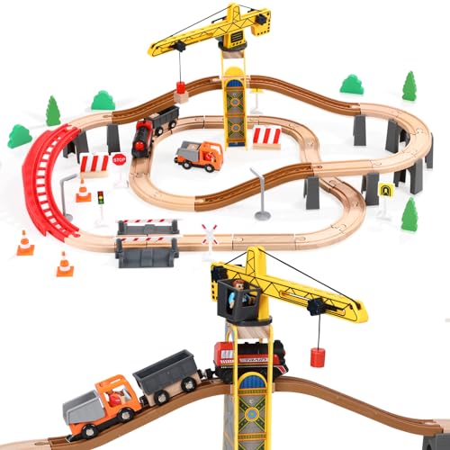 Giant bean Tower Crane Wooden Train Set, 72pcs Toy Battery Operated Train Track for Boys and Girls 3-7, Fit Thomas The Train, Brio, Melissa & Doug Giant bean
