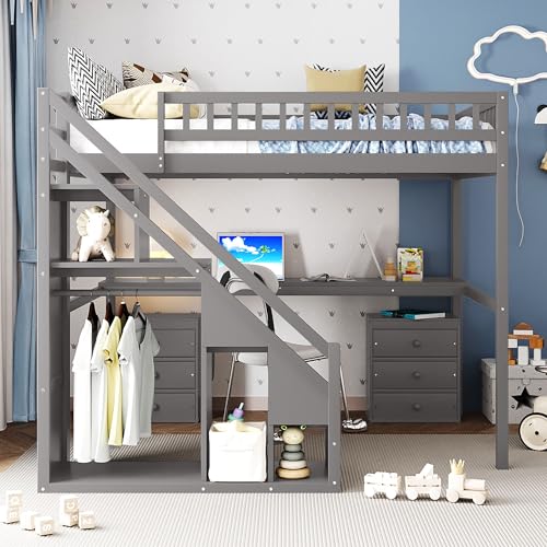 Bellemave Full Loft Bed with Stairs and Shelves, Wood Loft Bed with Two Chest of Drawers, Wardrobe, LED for Kids, Teens, Adults, Gray Bellemave