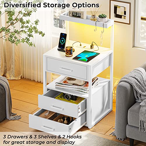 Nightstand with Charging Station and LED Lights, LED Night Stand with 2 USB Ports and 2 AC Outlets, Modern End Table with 3 Drawers, Bedside Table with Open Storage for Bedroom, White AOGLLATI