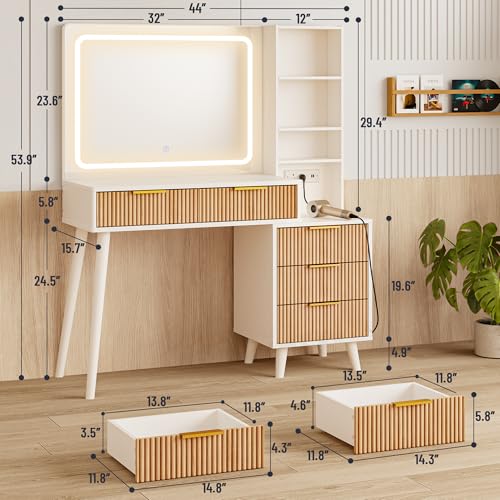 44" Vanity Desk with Mirror and Lights, Makeup Vanity Desk with Power Outlet, Makeup Desk with 5 Drawers&Storage Shelves, Vanity Table 3 Color Adjustable Brightness Dressing Table Set for Bedroom INNOD