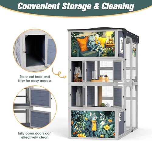 COZIWOW Insulated Outdoor Cat Catio, Large Wood Cat Enclosure with Weatherproof Roof, 2 Resting Rooms, 2 Platforms, 4-Tier Cat Playpen (Grey-Insulated) COZIWOW