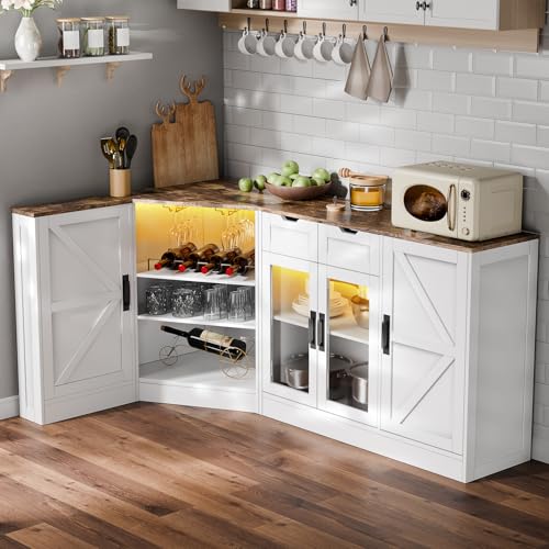 L-Shaped Kitchen Buffet Storage Cabinet - Corner White Sideboards and Buffets with Storage Drawer & Door, 65'' Long Farmhouse Coffee Bar with LED & Wine Rack, Dining Room Islands for Kitchen (White) Gyfimoie