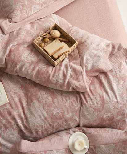 VM VOUGEMARKET Blush Pink Flower Duvet Cover Set Queen,3 Pieces Retro Jacquard Pink Floral Bedding Set,Linen Cotton Yarn-Dyed Textured Duvet Cover with Zipper Closure VM VOUGEMARKET