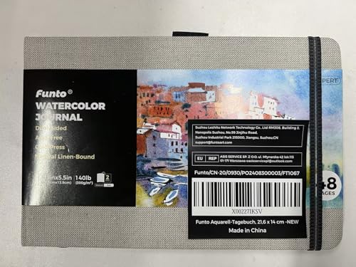 Funto Watercolor Journal, 8.5x5.5, 2 Pack, 48 Pages Each, Cold-pressed, Inner Paper Pocket and Elastic Band, Art Supplies for Mixed Media Funto