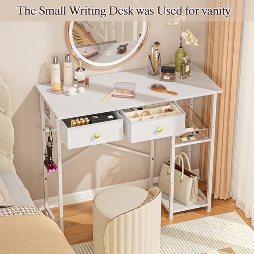 DAOUTIME White Computer Desk, 36 Inch Small Desk with Drawers, Home Office Desk with Storage Shelves for Bedroom, Living Room, Dorm, Vanity Desk for Small Spaces, White DAOUTIME