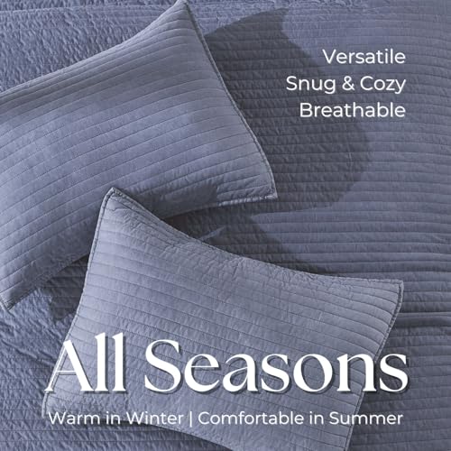 DOWN HOME Queen Quilt Bedding Set with Shams, Vintage Washed Soft Quilted Blanket Thin Comforter Lightweight Bedspread Coverlet Bed Cover, Brushed Microfiber Stripe Stitching, Vintage Denim, 86"x90" DOWN HOME