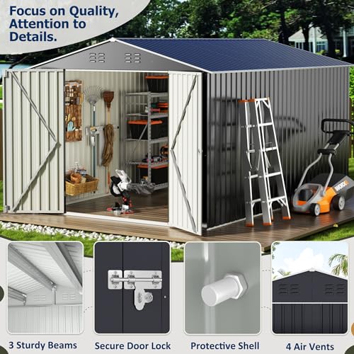 VIWAT 8' x 12' Outdoor Steel Storage Shed with Updated Frame Structure and Lockable Doors, Metal Shed Upgrade Height Ideal for Garden, Backyard, and Patio Utility and Tool Storage VIWAT