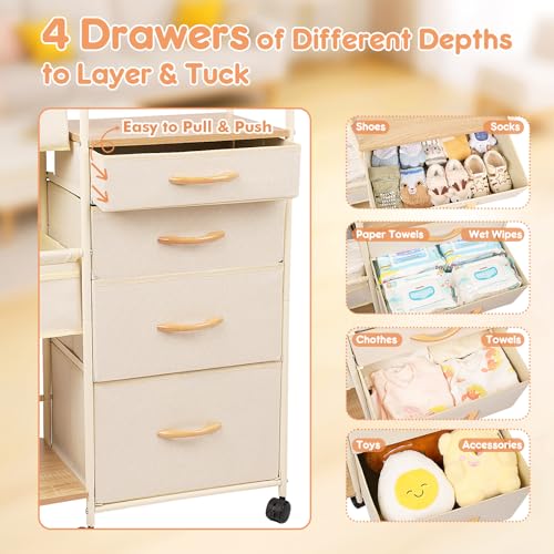 Fabuday Baby Diaper Caddy Organizer Cart - 4 Tier Rolling Diaper Cart with Wheels, Baby Essentials Organizers and Storage, Mobile Utility Carts for Bedside, Bedroom, Crib Nursury, Changing Table