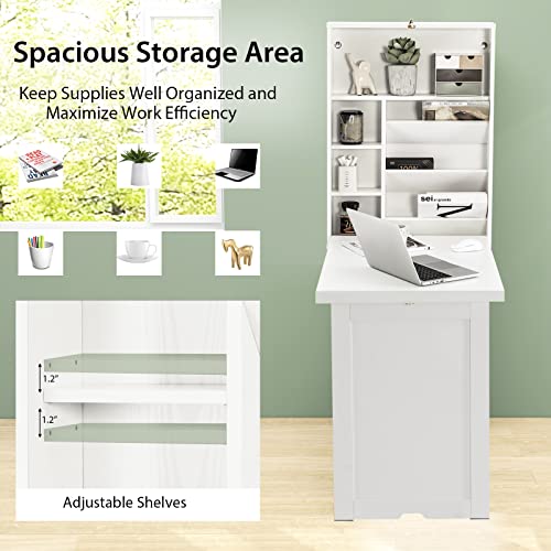 Tangkula Foldable Wall Mounted Desk, Floating Table with Storage Shelves & Hooks, Space-Saving Fold-Up Murphy Desk for Small Spaces, Home Office, Dorm Room Tangkula