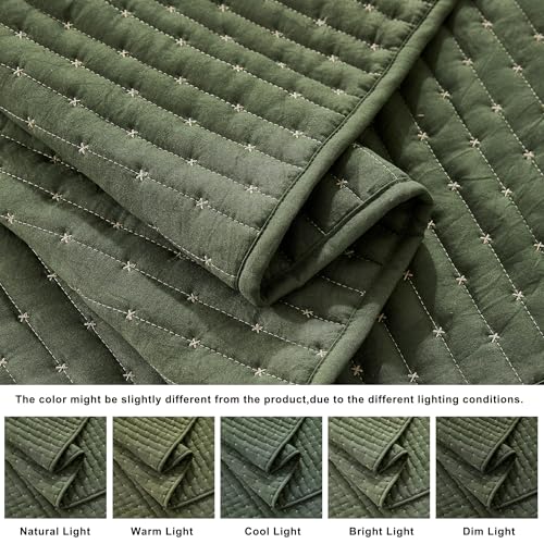 WDCOZY Olive Green Cross Stitch Queen Size Quilt Set, Striped Lightweight Soft Bedspread, Channel Farmhouse Rustic Coverlet, All Season Country Bedding, Thin Comforter WDCOZY