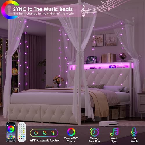 HIFIT Queen Size Upholstered LED Canopy Bed Frame with Storage and Charging Station, Button Tufted Storage Headboard with Bookshelf, Two-Use Metal Platform Bed with 4 Removable Post & 2 Drawers, Biege