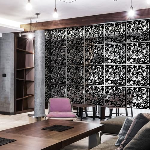 LRZCGB Hanging Room Divider,24 Pieces PVC Screen Partition Panel with Butterfly Flower Bird for Living Dining Study Sitting-Room Hotel Bar Decoration (Black, 24) LRZCGB