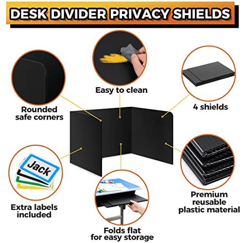 4-Pack Desk Dividers for Students - Durable & Waterproof Plastic Study Carrel Divider, Classroom Folders Teacher Supplies, Easy-to-Clean Plastic Privacy Shield Folder Boards for Student Desks, Black Storage Standard