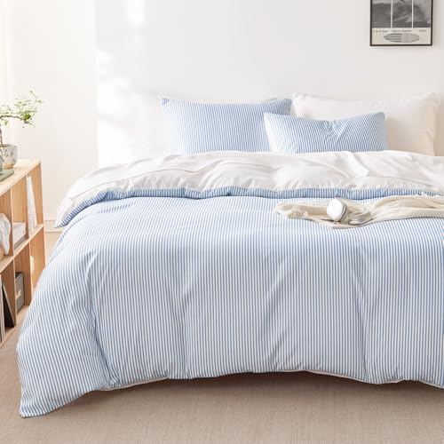 Wake In Cloud - Striped Comforter Set, Ticking Stripe Vertical Pinstripe Neutral Farmhouse Pattern Printed, Soft Lightweight Bedding, 3 Pieces, Blue White, Full Size Wake In Cloud