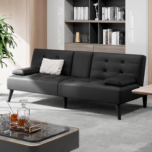 Shintenchi Futon Sofa Bed, Leather Foldable Couch, Reclining Sleeper w/Removable Armrests, Upholstered Loveseat w/Folding Cup Holders for Home, Office, Black Shintenchi
