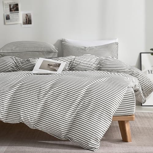 JELLYMONI 100% Natural Cotton 3pcs Striped Duvet Cover Sets,White Duvet Cover with Grey Stripes Pattern Printed Comforter Cover,with Zipper Closure & Corner Ties(Queen Size) JELLYMONI