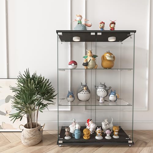 WHLIHUSU Glass Display Cabinet with LED Lights - Curio Cabinet with Glass Doors for Collectibles, Quick Assembly, Tempered Bookshelf, for Living Room and Bedrooms, 2-Door 3-Shelfs, White WHLIHUSU