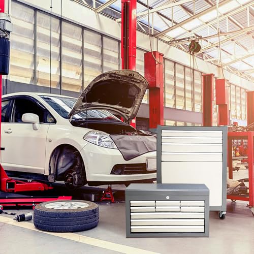 Kirmosal 13-Drawer Tool Chest with Wheels,2 in 1 Detachable Rolling Tool Chests with Drawers,Large Tool Box with Lock,Mobile Steel Tool Cabinet Storage for Warehouse,Garage-Grey&White Kirmosal