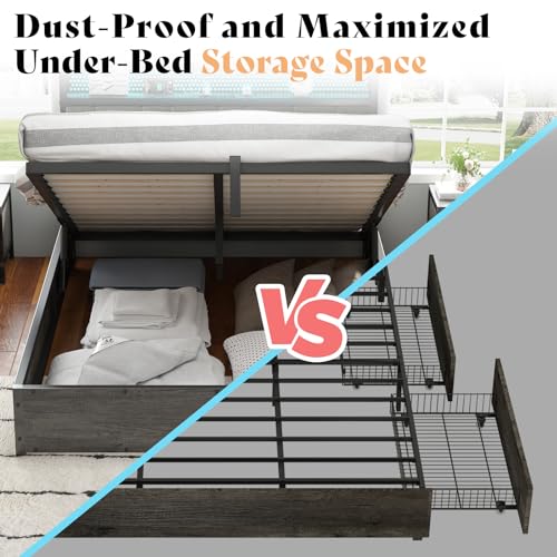 AMERLIFE Queen Size Lift Up Bed Frame with Linen Upholstered & LED Light & Storage Headboard, Platform Bed Frame with Charging Station, No Box Spring Needed, Noisy Free, Rustic Grey AMERLIFE