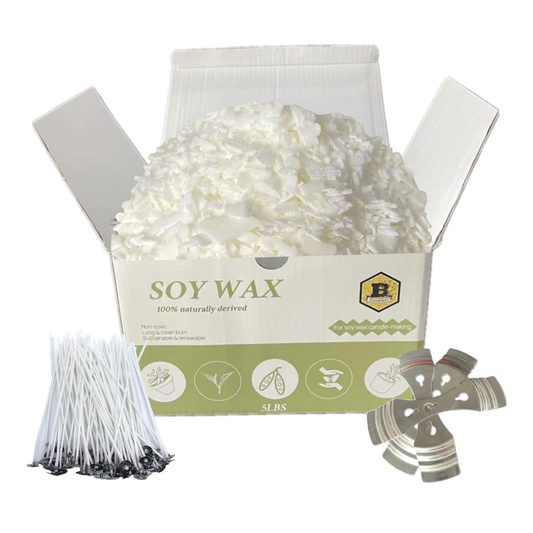 Beesworks Soy Wax | 5lbs Natural Soy Wax Flakes | 100 6-Inch Cotton Candle Wicks, 3 Metal Centering Devices, 5lbs Soy Wax for DIY Candle Making BEESWORKS