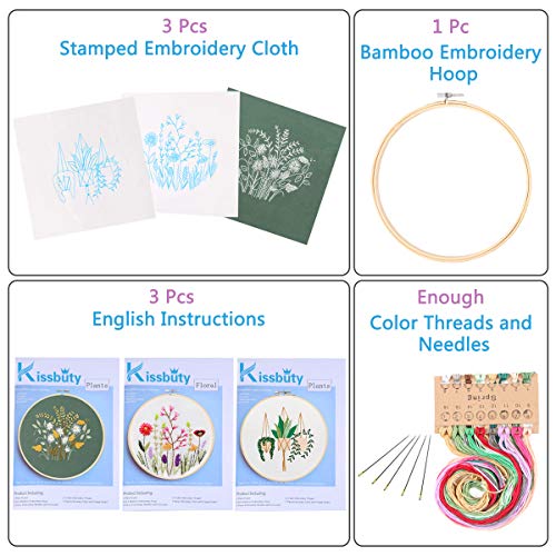 Kissbuty Embroidery Starter Kit with 3 Pcs Fabric & Patterns, Bamboo Hoop, Color Threads Tools (Plants Flowers)