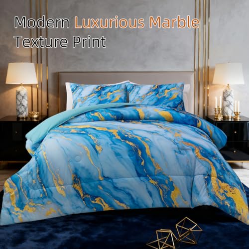 Holawakaka Light Blue Gold Marble Print Bedding Comforter Set Queen Size Marbled Bed Sets 3 Pieces (Light Blue Gold, Queen) Holawakaka
