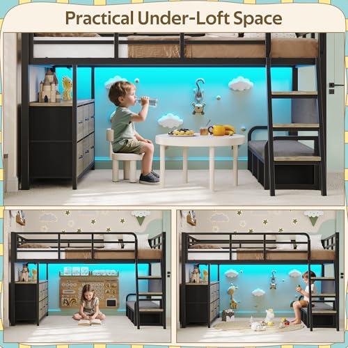 busyaeh Low Loft Bed Twin,Twin Loft Bed for Kids with 9 Storage Drawers & 15.8" H Safety Guardrail & Inclined Ladder & Safety Handrail & LED Lights and Charging Station (Oak Gray, Twin) busyaeh