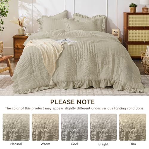 JOLLYVOGUE Twin Size Comforter Set, 2 Pieces Linen Seersucker Lightweight Fluffy Bedding Set, Twin Ruffle Comforter, All Season Soft Microfiber Shabby Chic Bed Set JOLLYVOGUE