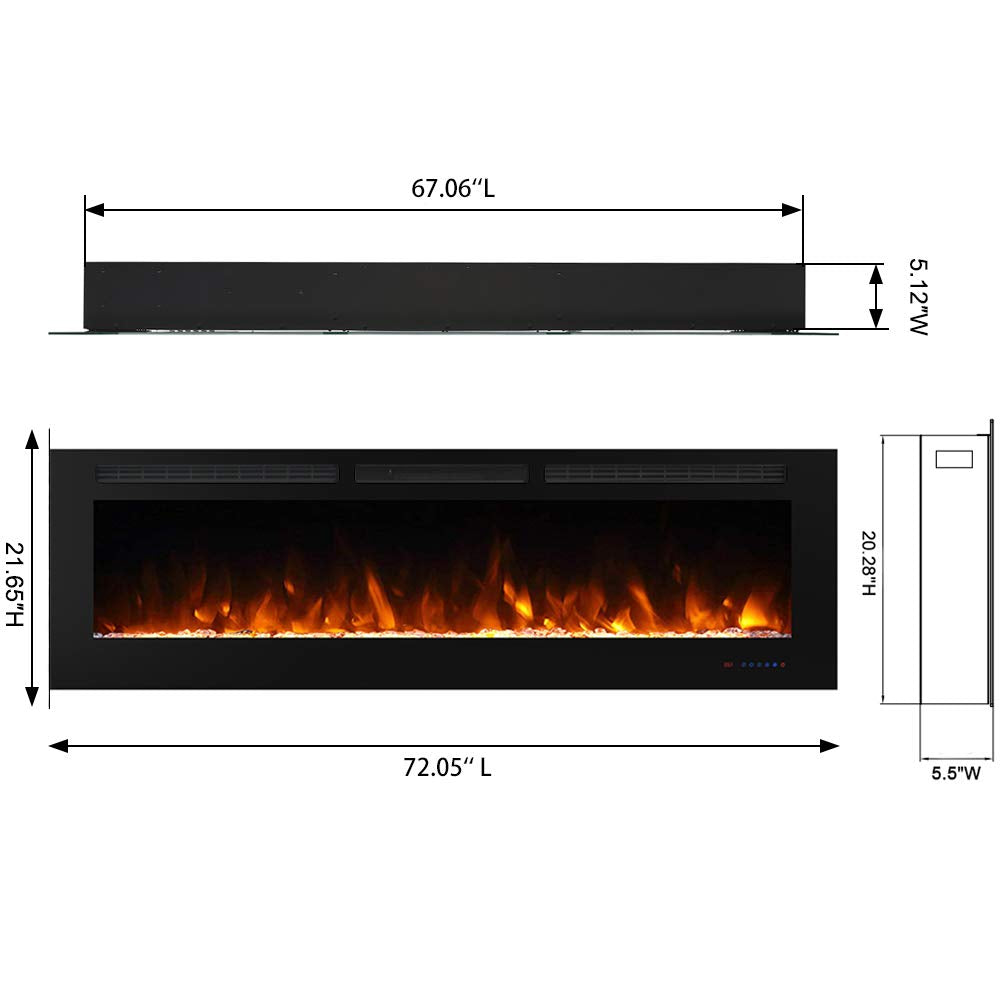 Masarflame 72" Recessed Electric Fireplace Insert, 5 Flame Settings, Log Set or Crystal Options, Temperature Control by Touch Panel & Remote, 750/ 1500W Heater Masarflame