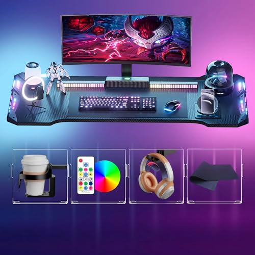 Gamtimer Gaming Desk with LED Lights,47 inch Carbon Fiber Surface RGB Gaming Computer Table, 384 Color Mode with Remote Control, Cup Holder and Headphone Hook - Black Gamtimer