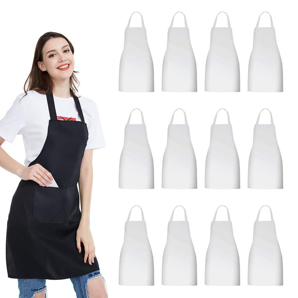 NOBONDO 12 Pack Bib Apron - Unisex white Apron Bulk with 2 Roomy Pockets Machine Washable for Kitchen Crafting BBQ Drawing NOBONDO