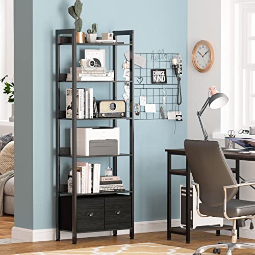 Furologee 6-Tier Industrial Bookshelf with 2 Drawers - Black Oak Tall Bookcase for Home Office and Bedroom Furologee