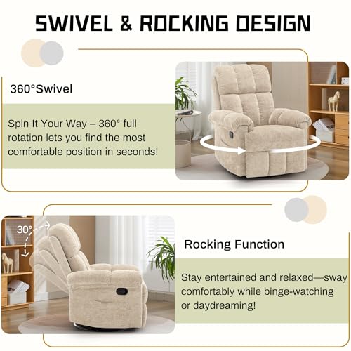 Korser Recliner Chair, Small Rocker Recliner Chair for Adults, Swivel Recliners for Small Spaces, Manual Recliner, Upholstered Nursery Rocking Chair for Living Room, Chenille, Khaki