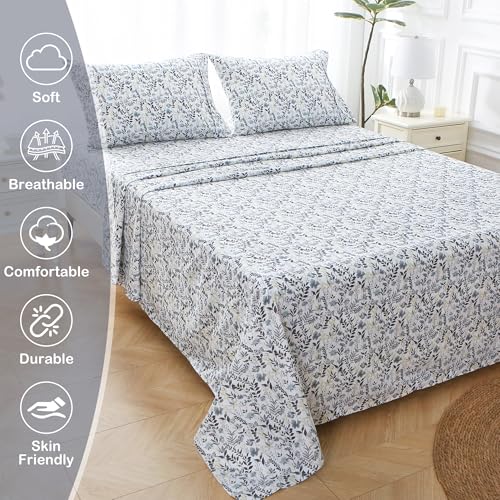 Mooreeke Cozy Vintage Microfiber Printed Twin Sheet Set - Soft Breathable Floral Bed Sheets with Deep Pocket - Non-Slip Fitted Design - Yellow Blue Gray Gradient Flowers Pattern Mooreeke