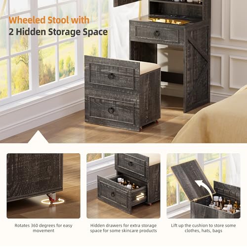 Gurexl 3 in 1 Small Vanity Desk with Lights and Mirror,Tall Lighted Compact Vanity with Charging Station,Makeup Vanity Set with Jewelry Armoire,Glass Top,Wheeled Stool with Storage,3 Drawers Gurexl