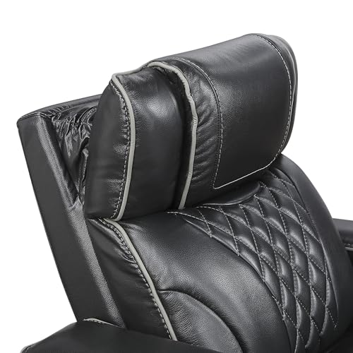 Lexicon Power Double Reclining Sofa, Center Drop-Down Table with Heat/Massage/Headrest/Storage Arms/Cup Holders/LED Lights/Wireless Charging, Top Grain Leather Match Wall Hugger Recliner Sofa, Black