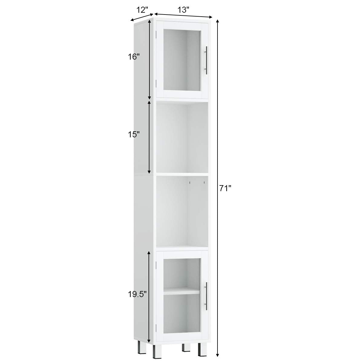 Tangkula Tall Bathroom Cabinet, Home Living Room Wood Storage Cabinet Free Standing w/ 4 Shelves and 2 Glass-Paneled Doors Suitable Tall Bathroom Cabinet Tangkula