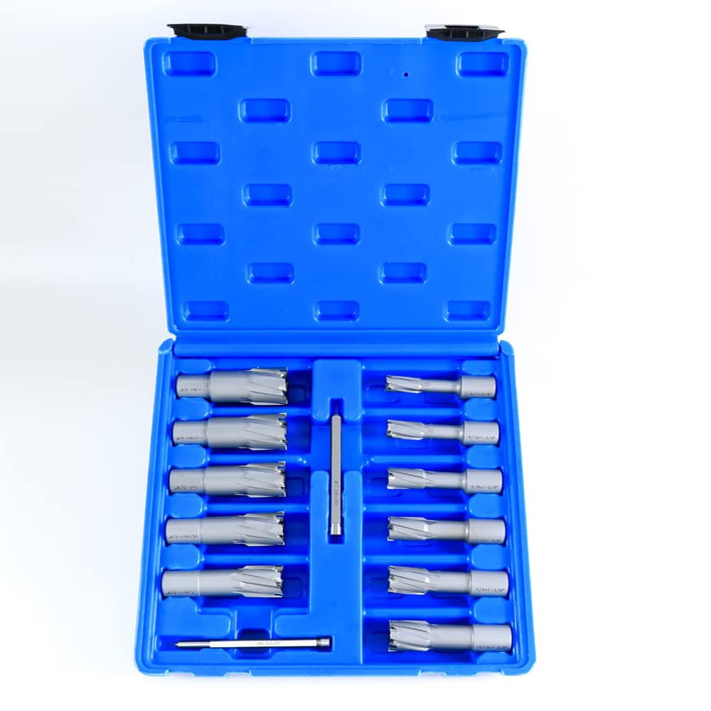 OSCARBIDE Carbide TCT Annular Cutter Set 13 pcs,3/4"Weldon Shank,1-3/8"Cutting Depth and 1/2 to 1-1/8 inch Cutting Diameter,TCT Mag Drill Bits for Magnetic Drill Press with Pilot Pins OSCARBIDE