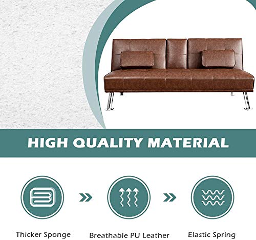ARLIME Convertible Futon Sofa Bed, Faux Leather Sofa Sleeper W/Adjustable Backrest, Folding Cup Holder, Removable Armrests, Steel Leg, Modern Style Sofa Bed for Livingroom, Office, Apartment (Brown) ARLIME