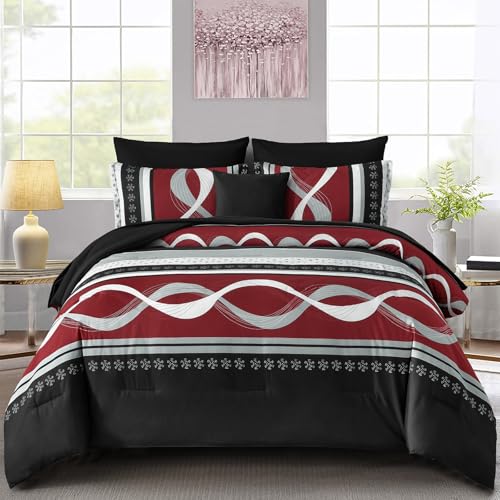 Anibedding Burgundy Comforter Set King Size,8 Pieces Bed in a Bag Patchwork Striped Bedding Sets,Boho Soft Microfiber Bedding Set for All Season(104"×90") Anibedding