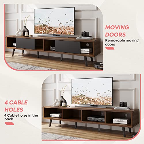 Bestier 70 inch Mid Century Modern TV Stand for 75 inch TV, Low Profile TV Stand with Storage, Entertainment Center for Living Room, Cord Management, Walnut Bestier