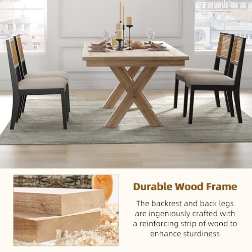 Westice Rattan Dining Chairs Set of 6, Farmhouse Natural Dining Room Chairs with Upholstered Cushion, Wood Armless Chairs for Kitchen/Restaurant, Black Westice