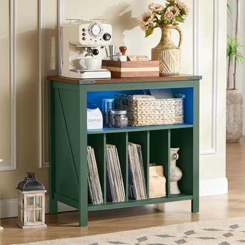 Joaxswe Large Record Player Table with Charging Station & LED Lights, Green Vinyl Record Storage Cabinet Holds up to 230 Albums, Turntable Stand with Display Shelf for Music Room Bedroom Living Room Joaxswe