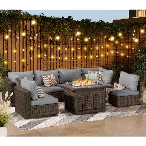 9 Pieces Patio Furniture Set with Fire Pit Table, Outdoor Rattan Sectional Sofa- All Weather High Backrest Wicker Couch Conversation Set with Waterproof Cushion for Backyard balcony Porch (Grey) Grezone