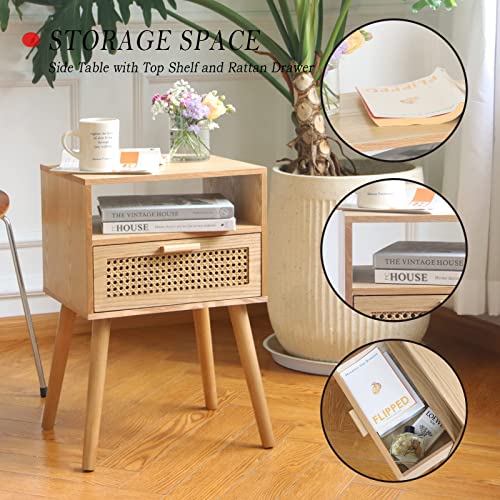 MaxSmeo Modern Nightstand Rattan Side End Table with Storage, for Living Room, Bedroom and Small Spaces, Accent Bedside Farmhouse Tables with Solid Wood Legs, Easy Assembly (Natural Walnut) MaxSmeo